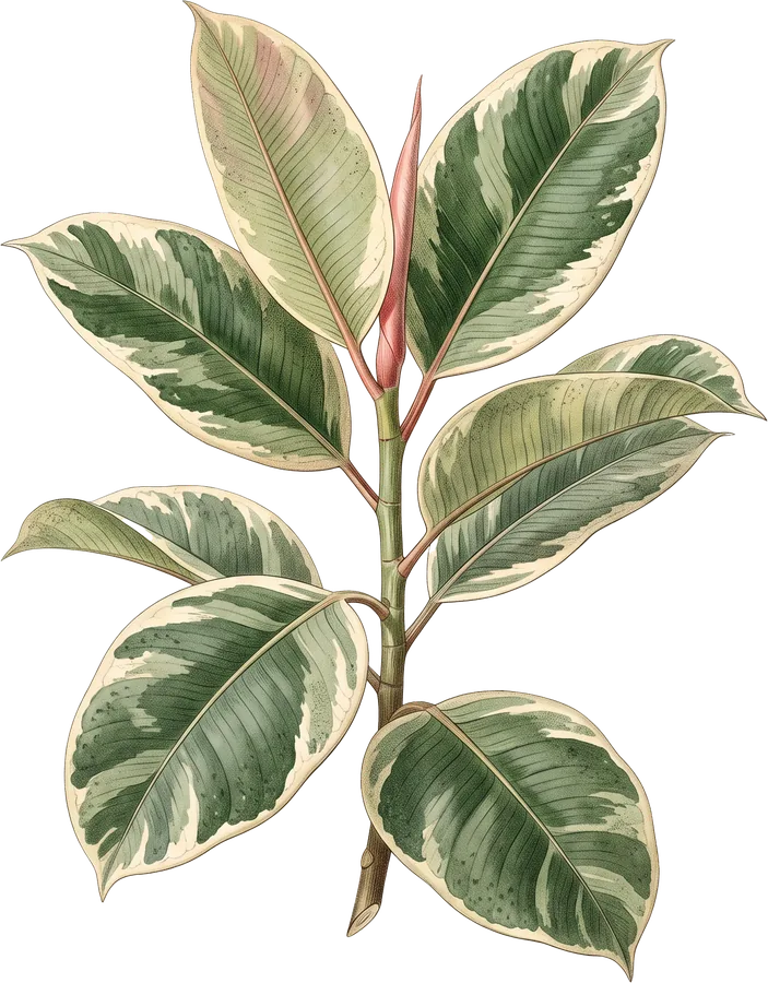 Botanical illustration of a variegated rubber plant